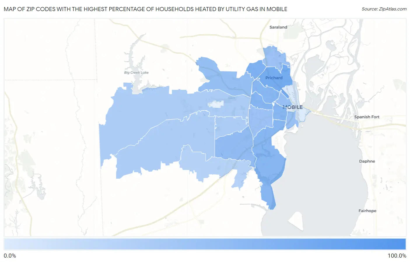 Zip Codes with the Highest Percentage of Households Heated by Utility Gas in Mobile Map