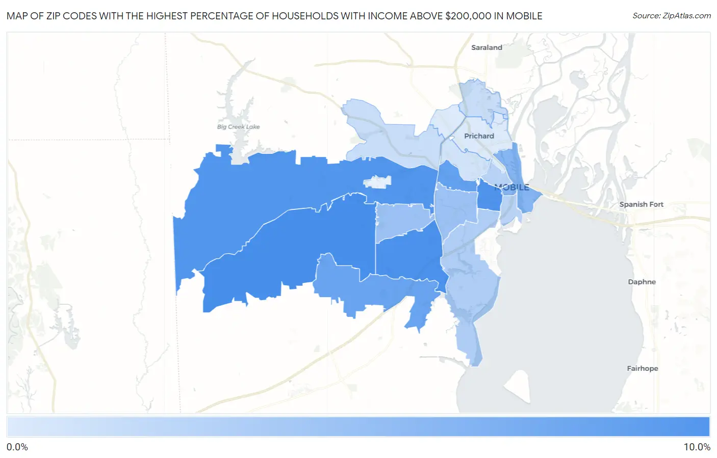 Zip Codes with the Highest Percentage of Households with Income Above $200,000 in Mobile Map