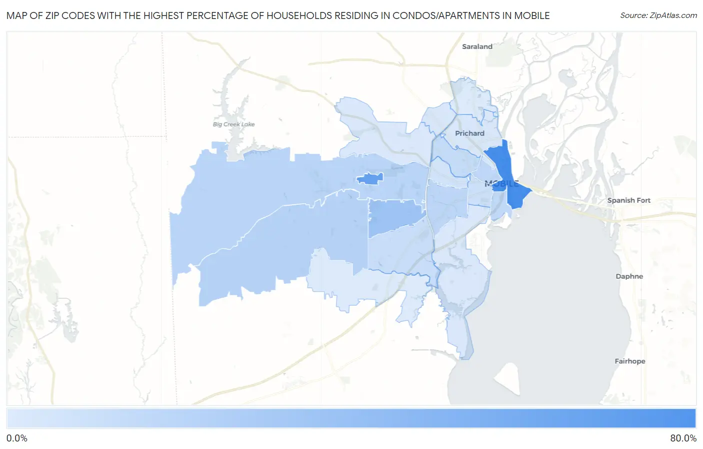Zip Codes with the Highest Percentage of Households Residing in Condos/Apartments in Mobile Map