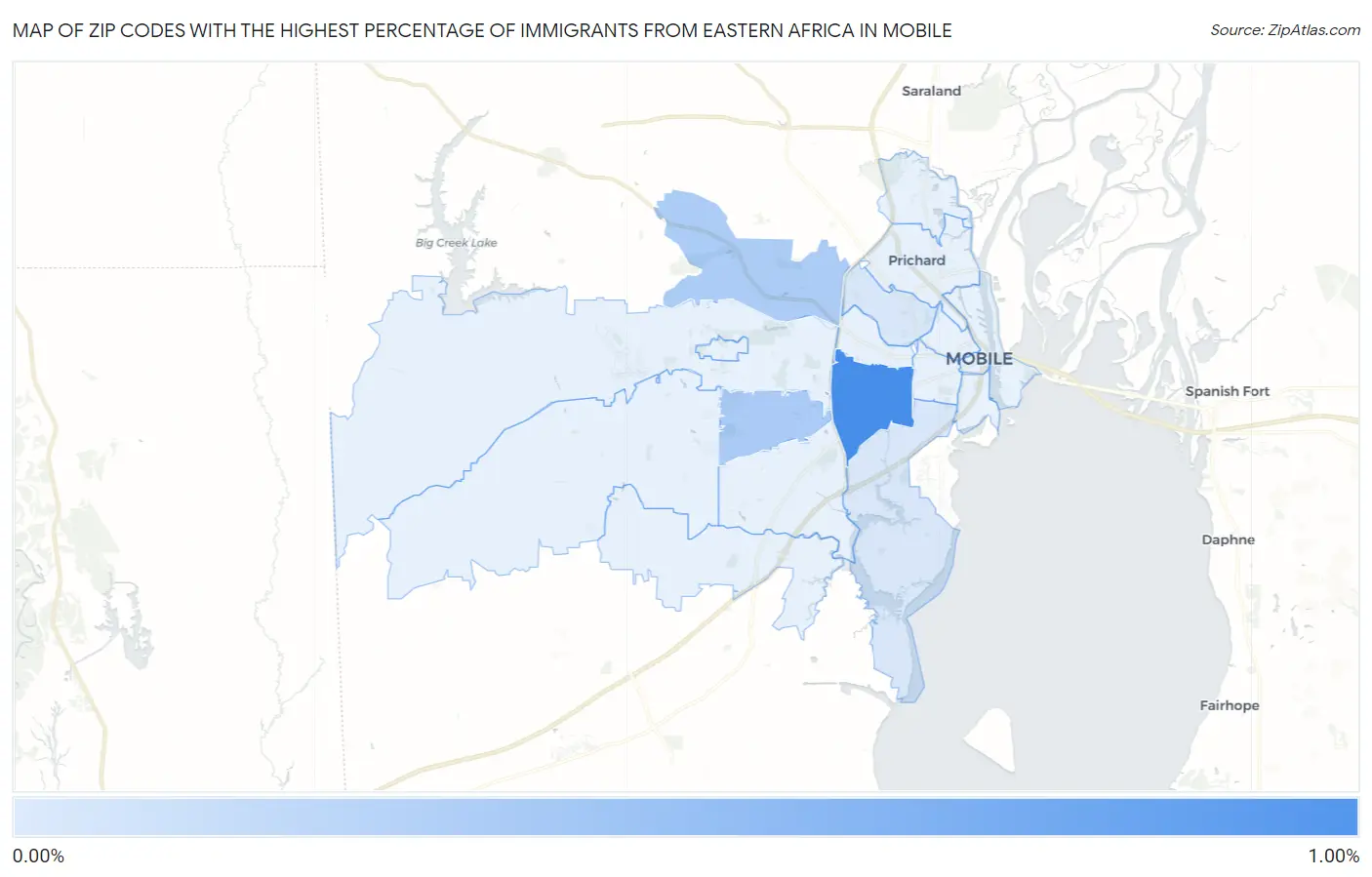 Zip Codes with the Highest Percentage of Immigrants from Eastern Africa in Mobile Map