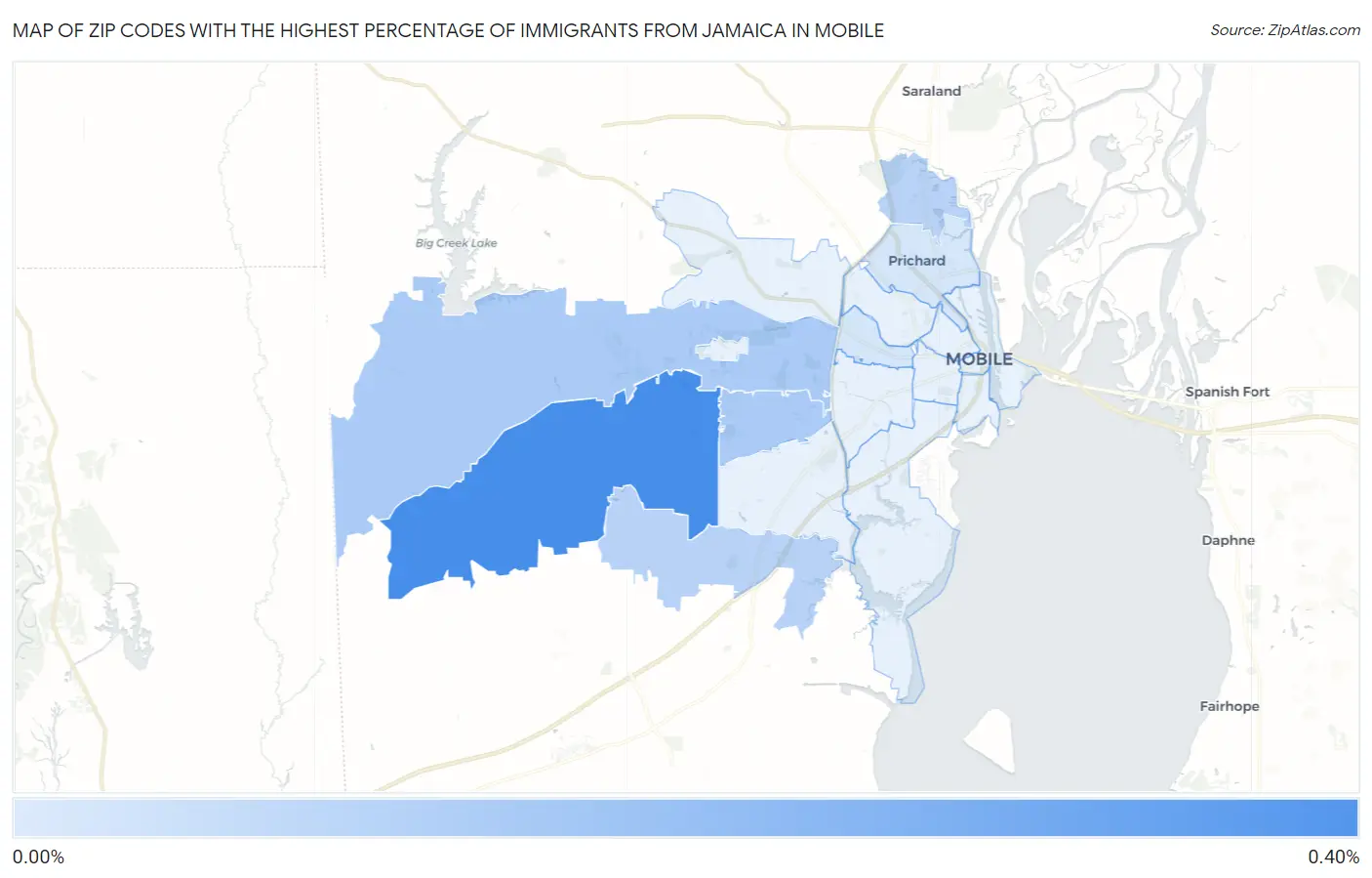 Zip Codes with the Highest Percentage of Immigrants from Jamaica in Mobile Map
