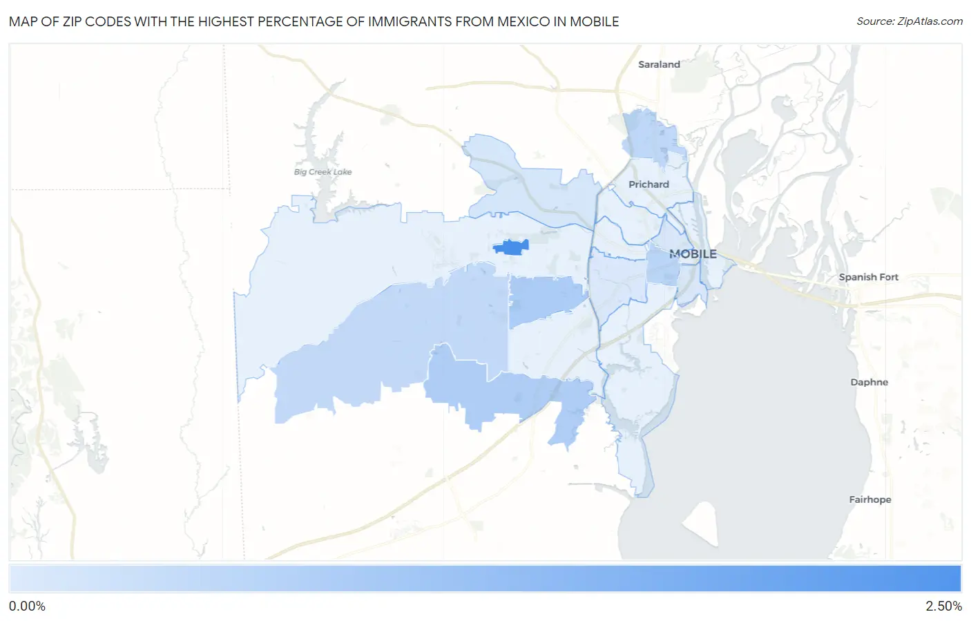 Zip Codes with the Highest Percentage of Immigrants from Mexico in Mobile Map