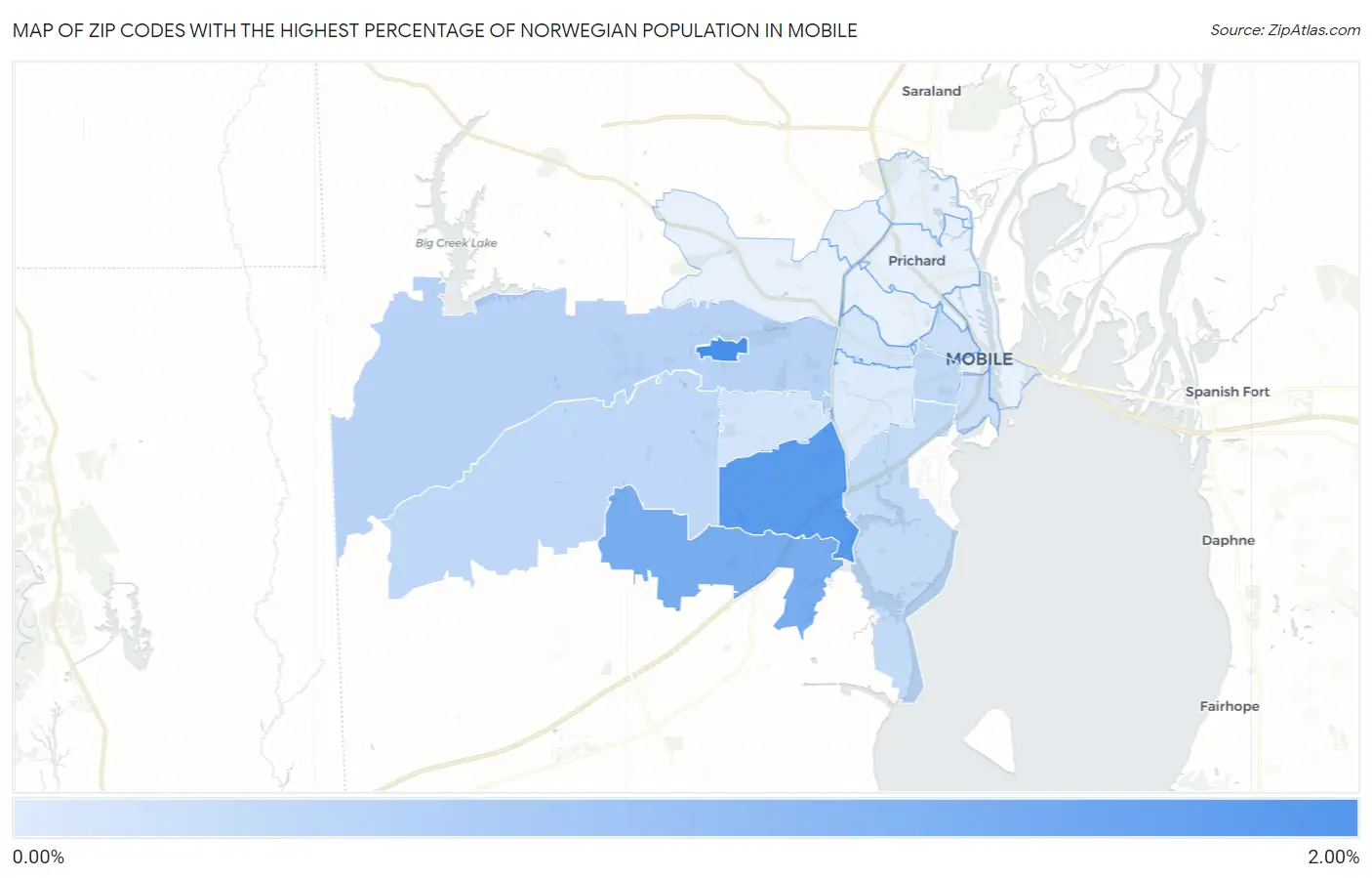 Zip Codes with the Highest Percentage of Norwegian Population in Mobile Map