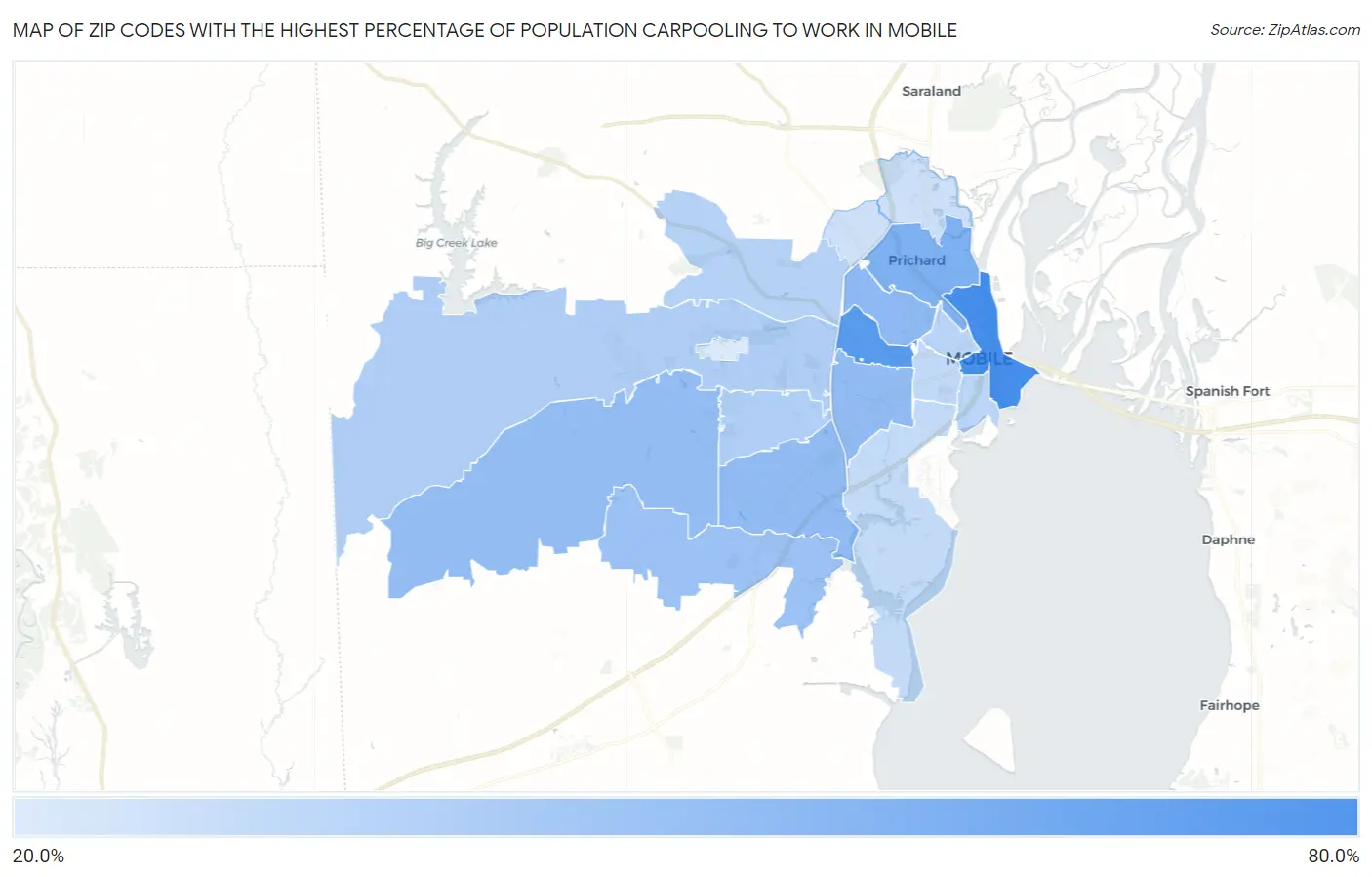 Zip Codes with the Highest Percentage of Population Carpooling to Work in Mobile Map