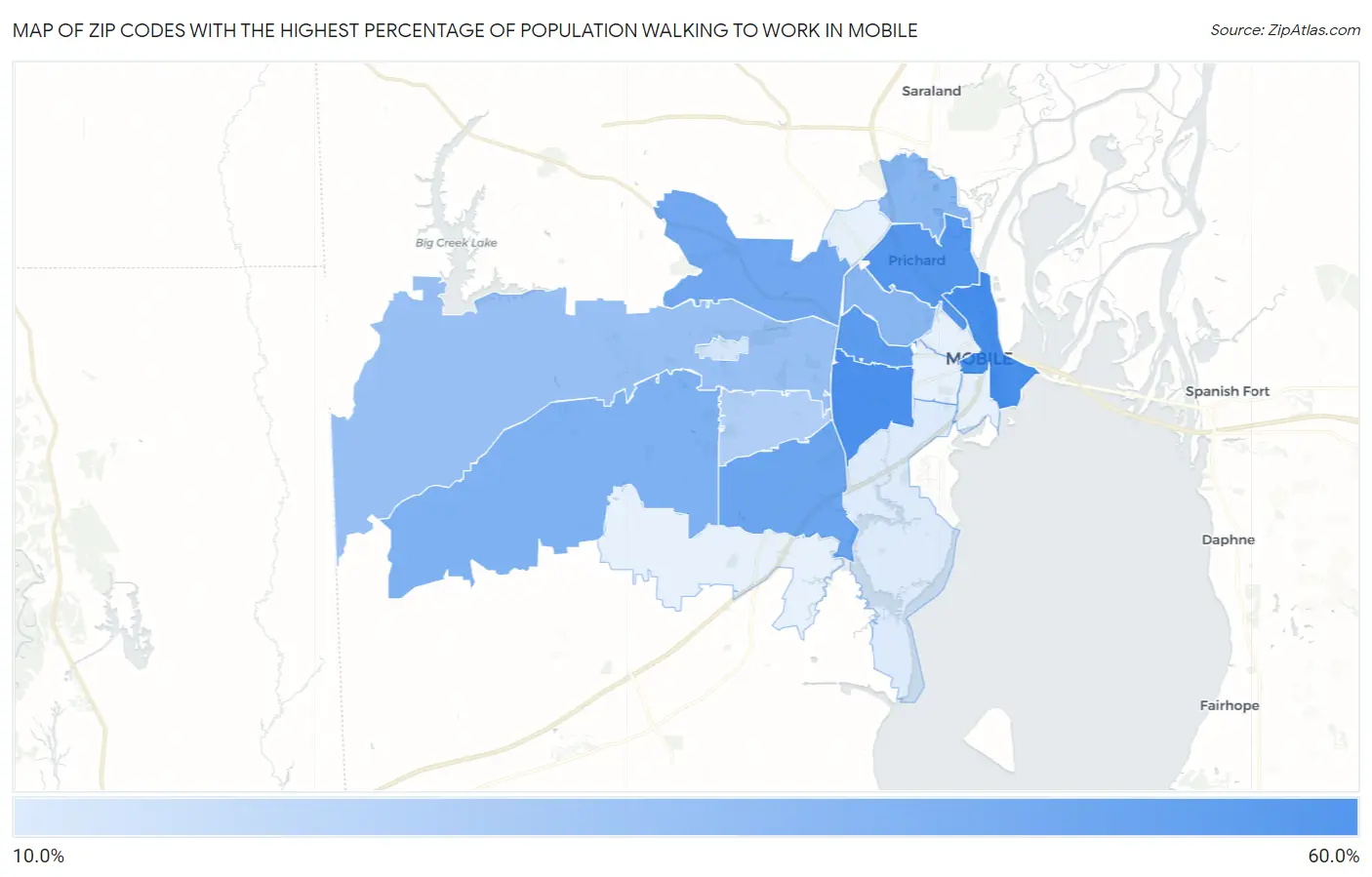Zip Codes with the Highest Percentage of Population Walking to Work in Mobile Map