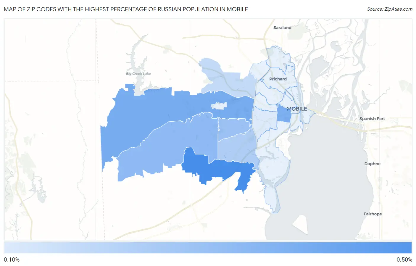 Zip Codes with the Highest Percentage of Russian Population in Mobile Map
