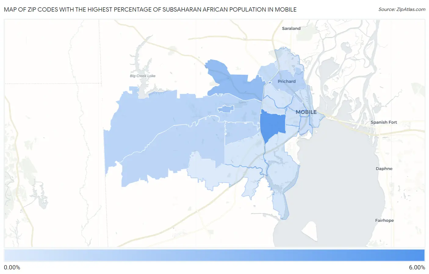 Zip Codes with the Highest Percentage of Subsaharan African Population in Mobile Map