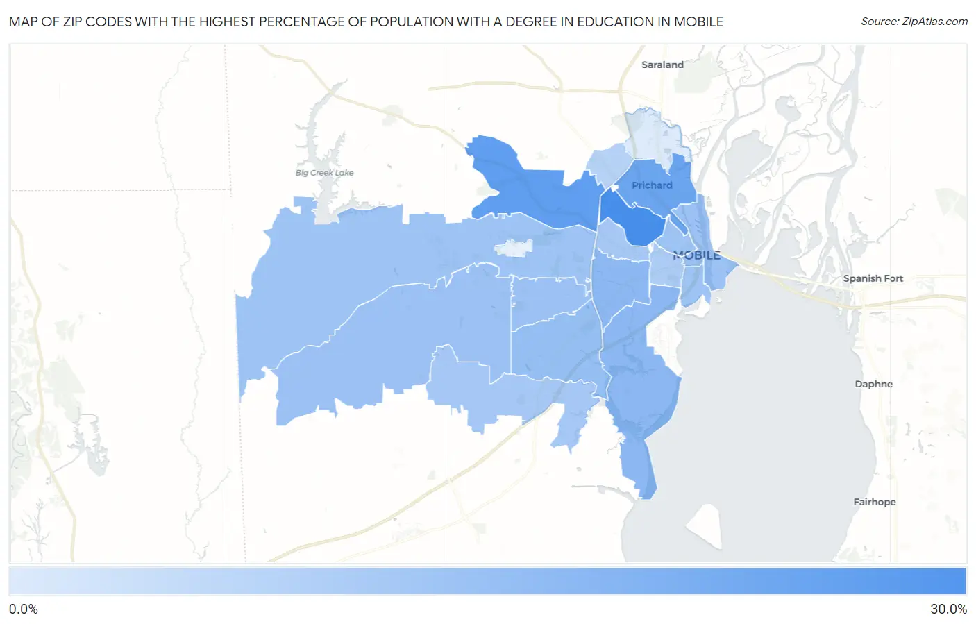 Zip Codes with the Highest Percentage of Population with a Degree in Education in Mobile Map