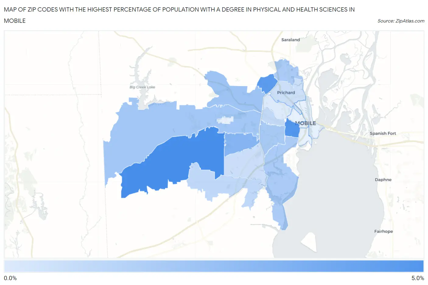 Zip Codes with the Highest Percentage of Population with a Degree in Physical and Health Sciences in Mobile Map