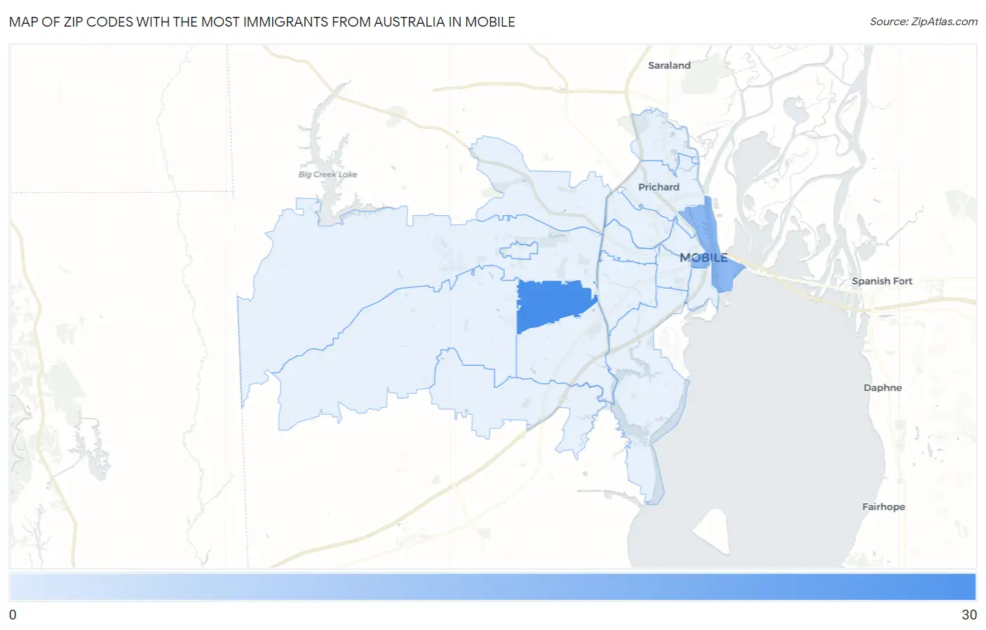 Zip Codes with the Most Immigrants from Australia in Mobile Map