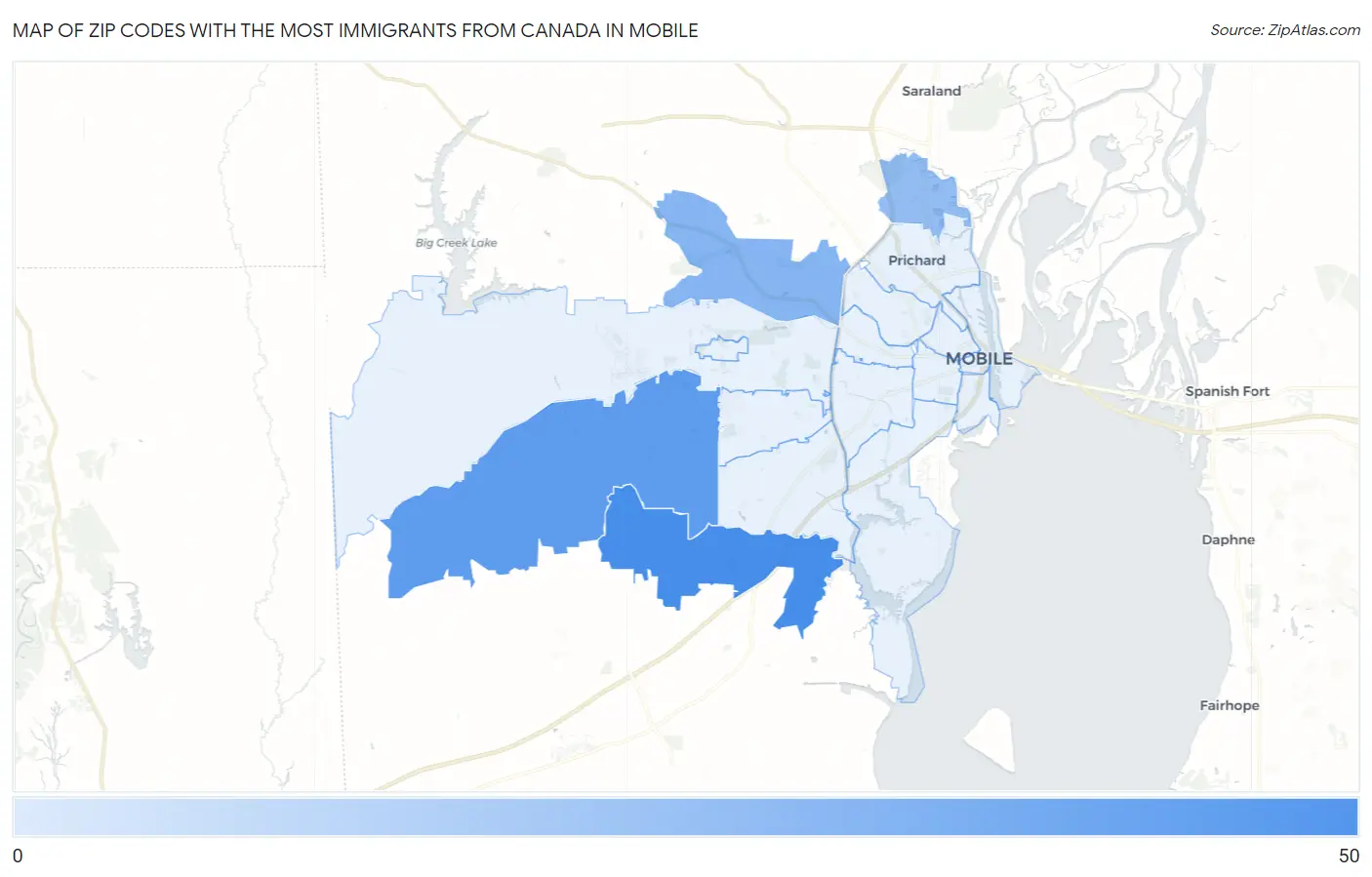 Zip Codes with the Most Immigrants from Canada in Mobile Map