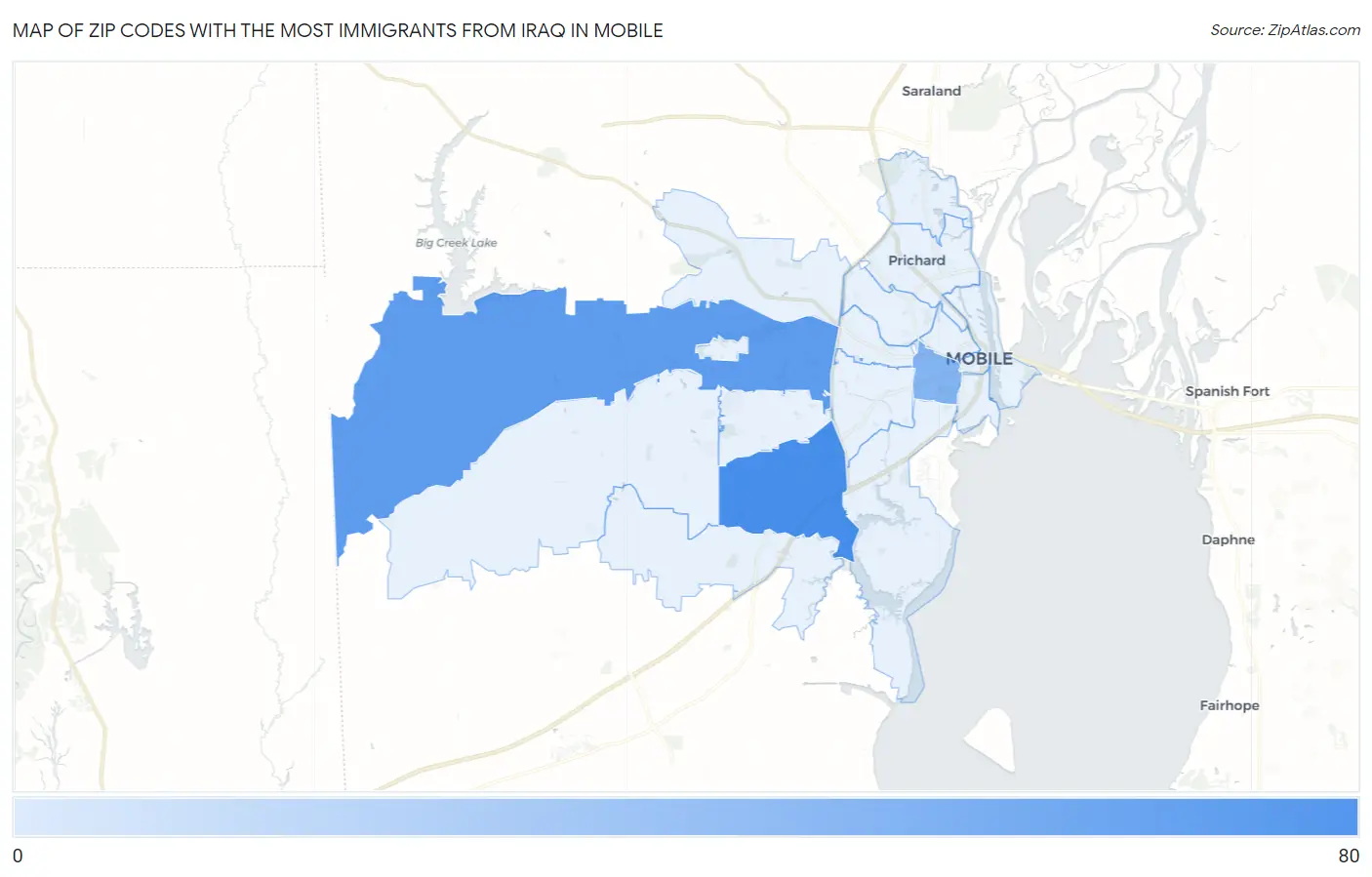 Zip Codes with the Most Immigrants from Iraq in Mobile Map