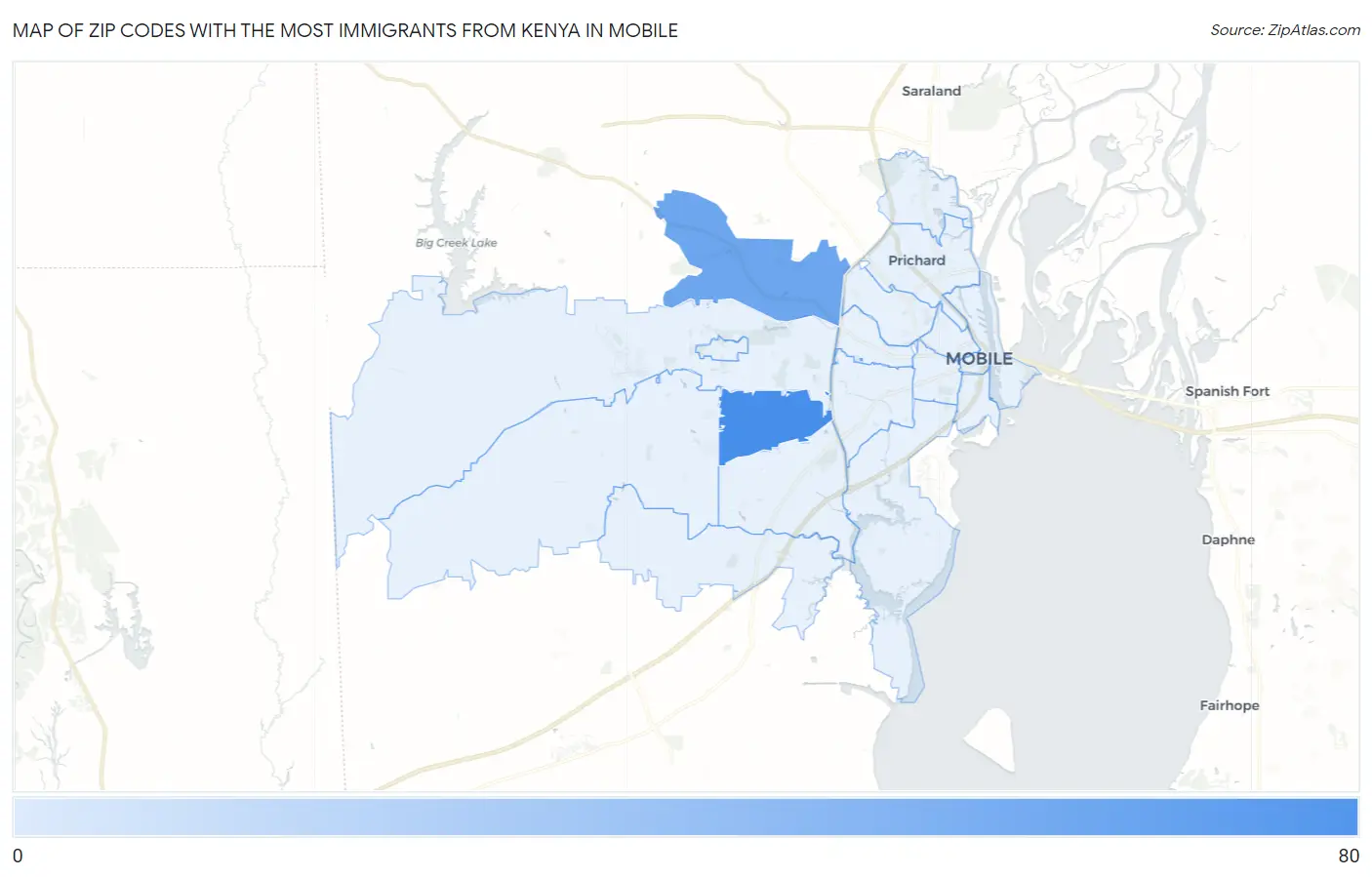 Zip Codes with the Most Immigrants from Kenya in Mobile Map