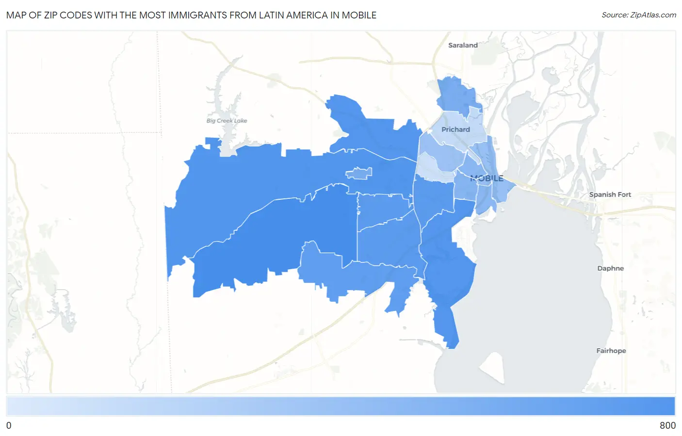Zip Codes with the Most Immigrants from Latin America in Mobile Map