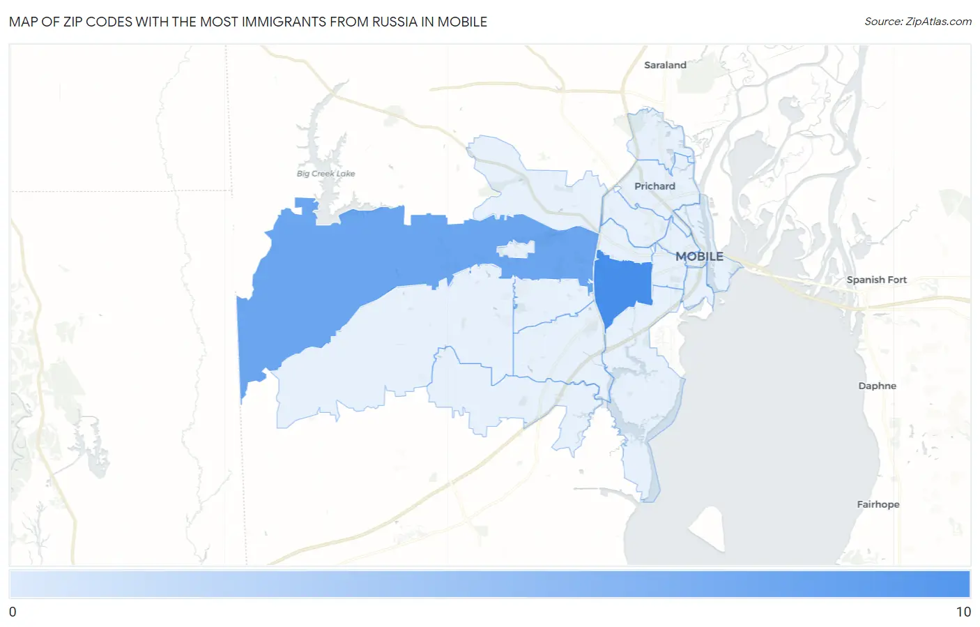 Zip Codes with the Most Immigrants from Russia in Mobile Map