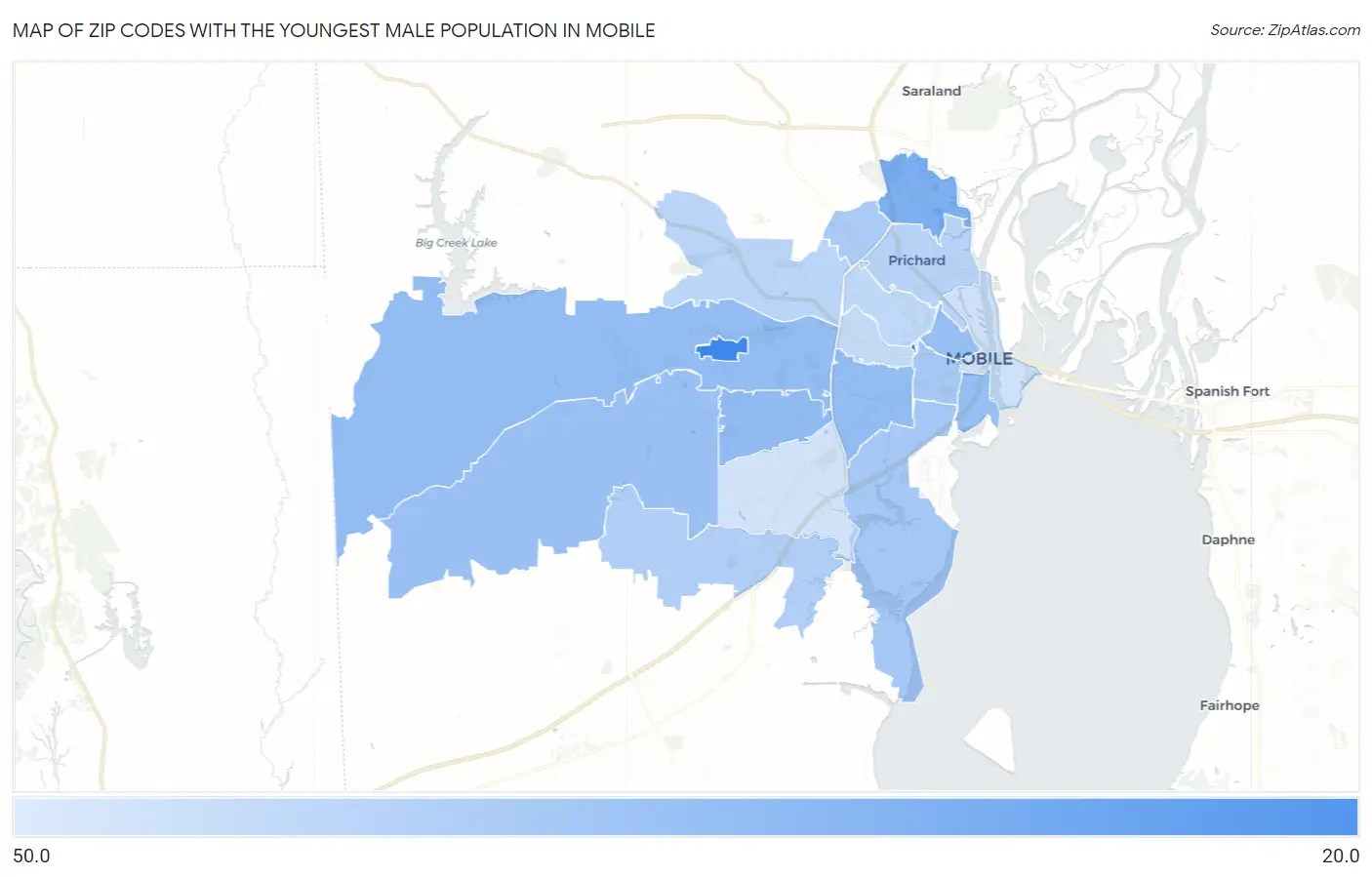 Zip Codes with the Youngest Male Population in Mobile Map