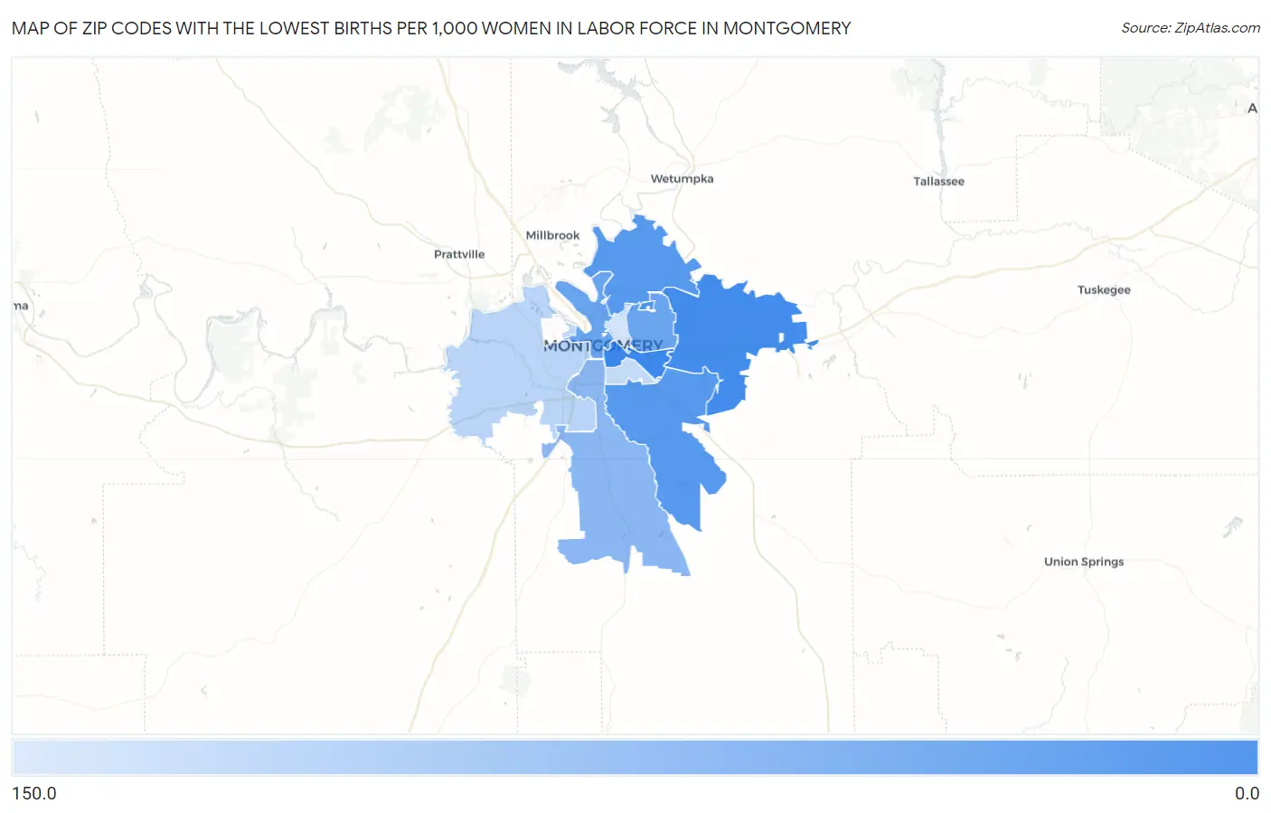 Zip Codes with the Lowest Births per 1,000 Women in Labor Force in Montgomery Map