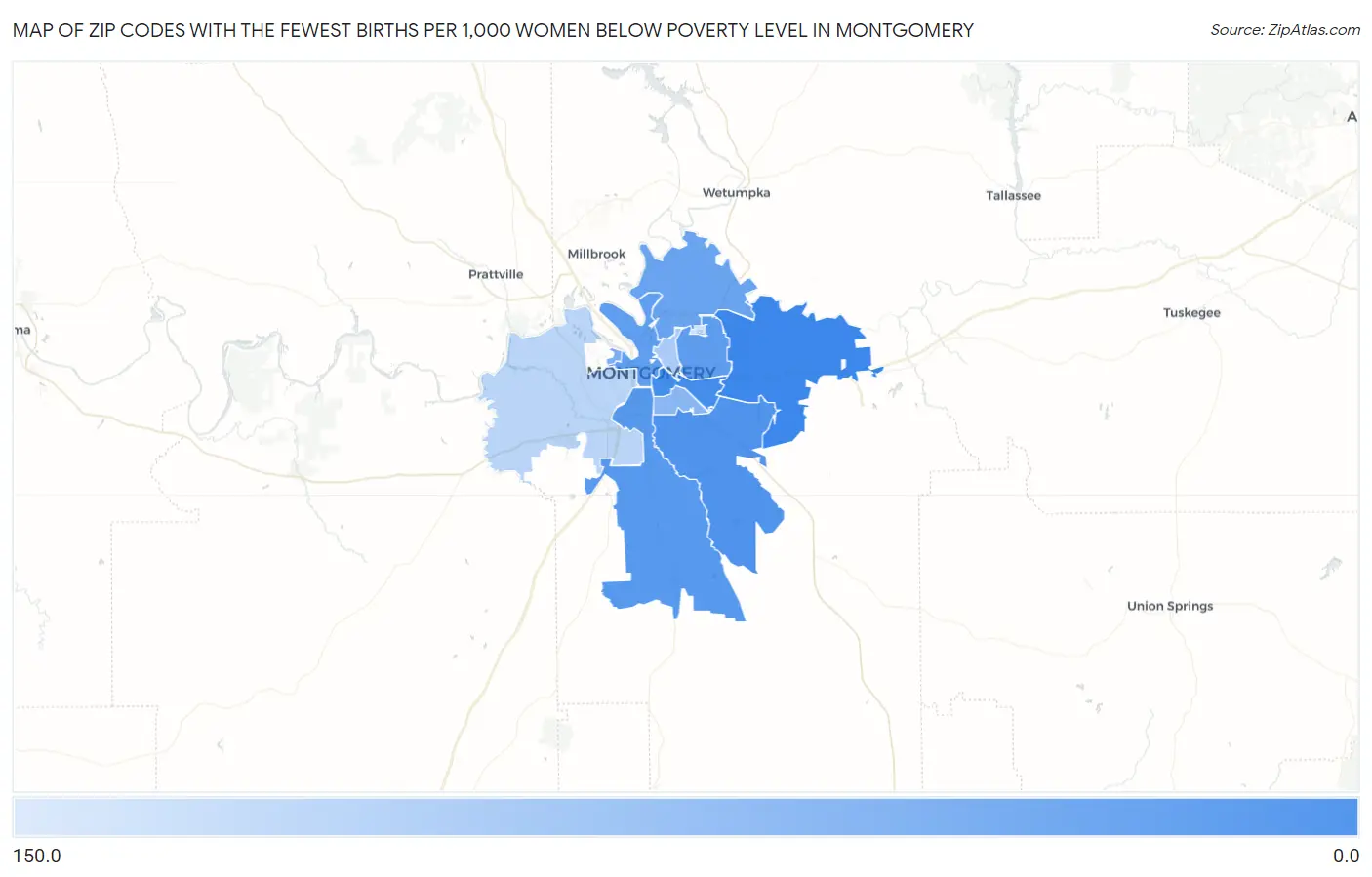 Zip Codes with the Fewest Births per 1,000 Women Below Poverty Level in Montgomery Map
