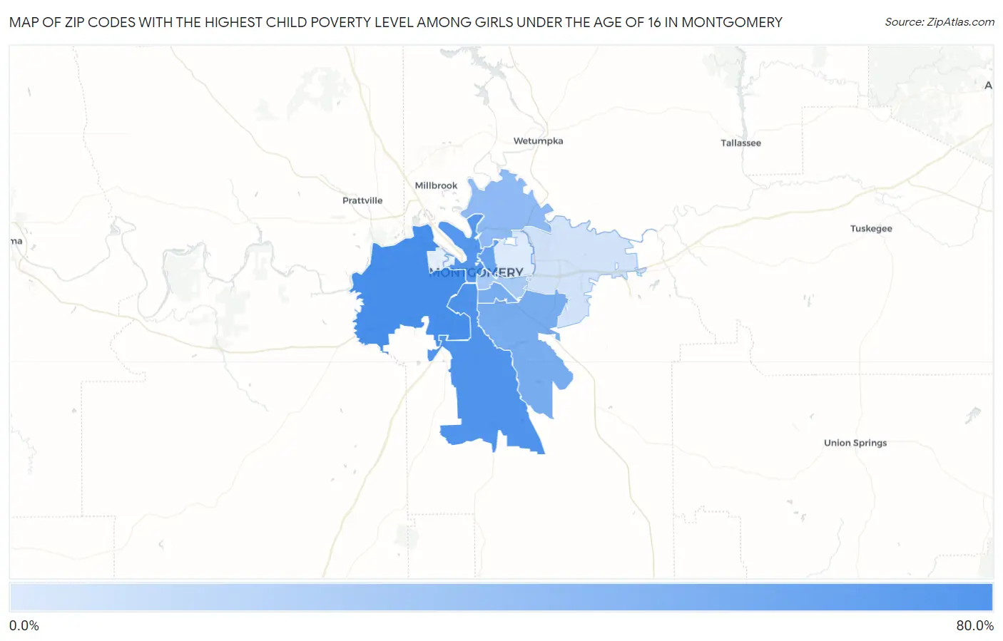 Zip Codes with the Highest Child Poverty Level Among Girls Under the Age of 16 in Montgomery Map