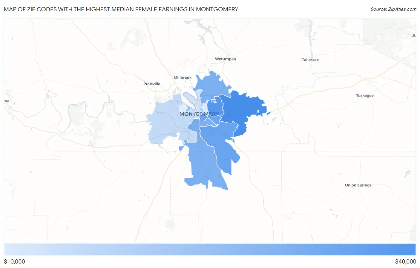 Zip Codes with the Highest Median Female Earnings in Montgomery Map