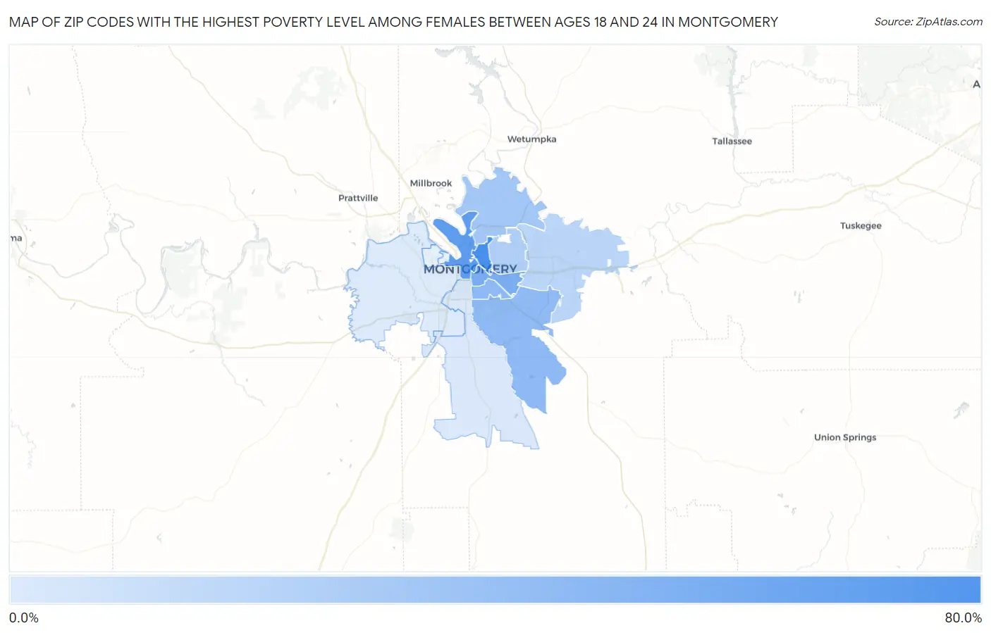 Zip Codes with the Highest Poverty Level Among Females Between Ages 18 and 24 in Montgomery Map