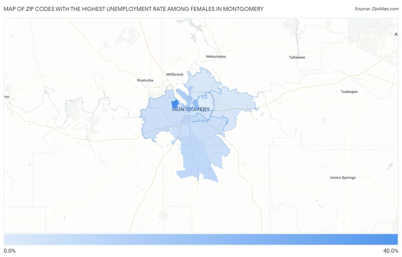 Zip Codes with the Highest Unemployment Rate Among Females in Montgomery Map
