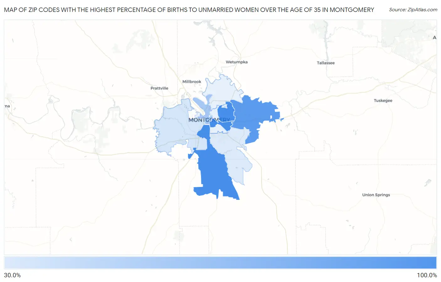 Zip Codes with the Highest Percentage of Births to Unmarried Women over the Age of 35 in Montgomery Map