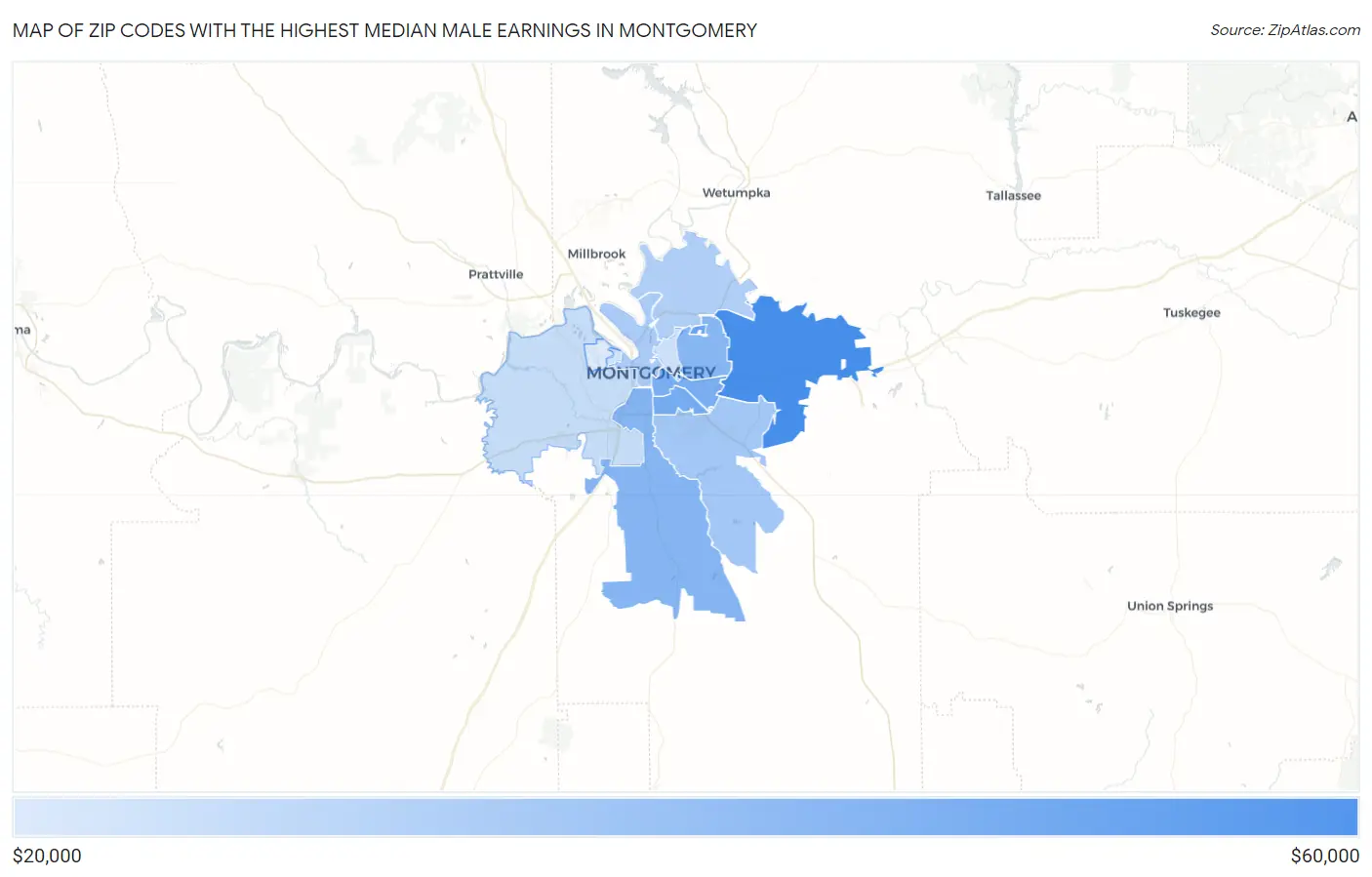 Zip Codes with the Highest Median Male Earnings in Montgomery Map