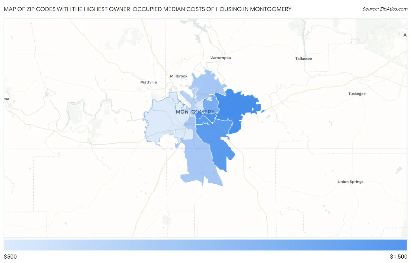 Zip Codes with the Highest Owner-Occupied Median Costs of Housing in Montgomery Map