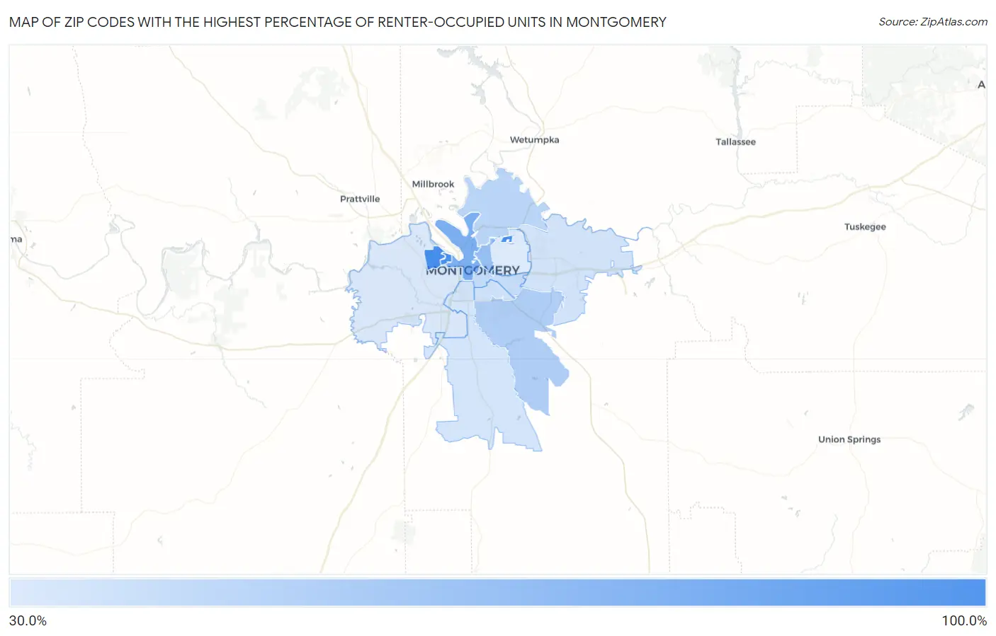 Zip Codes with the Highest Percentage of Renter-Occupied Units in Montgomery Map