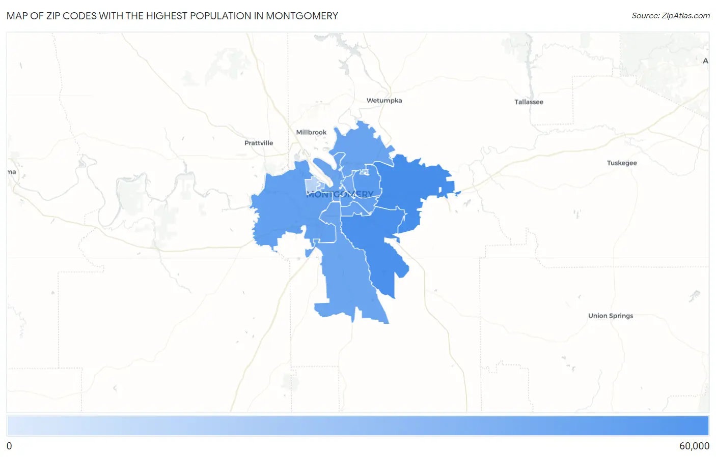 Zip Codes with the Highest Population in Montgomery Map