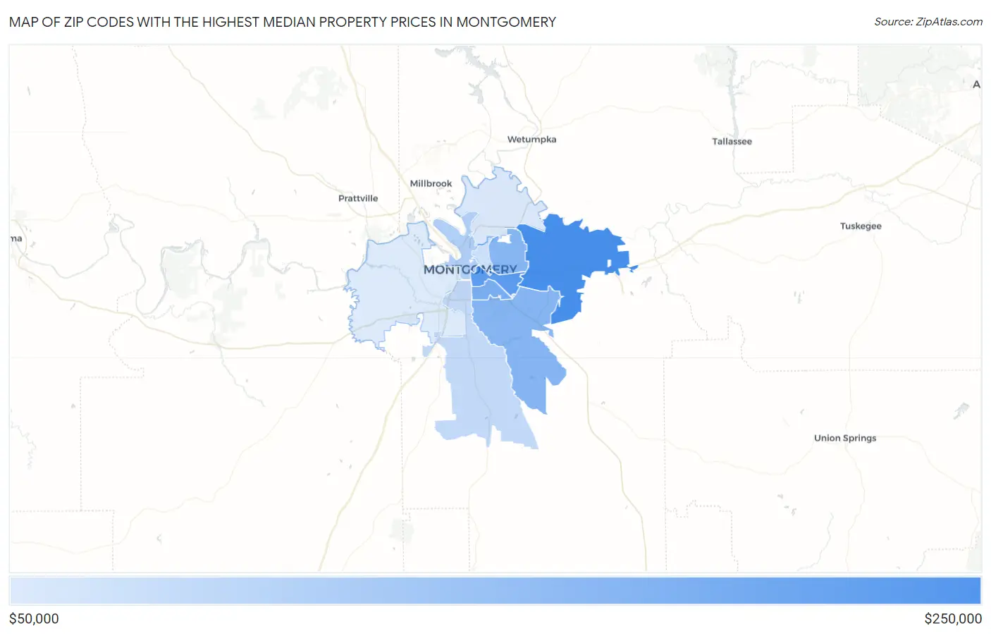 Zip Codes with the Highest Median Property Prices in Montgomery Map