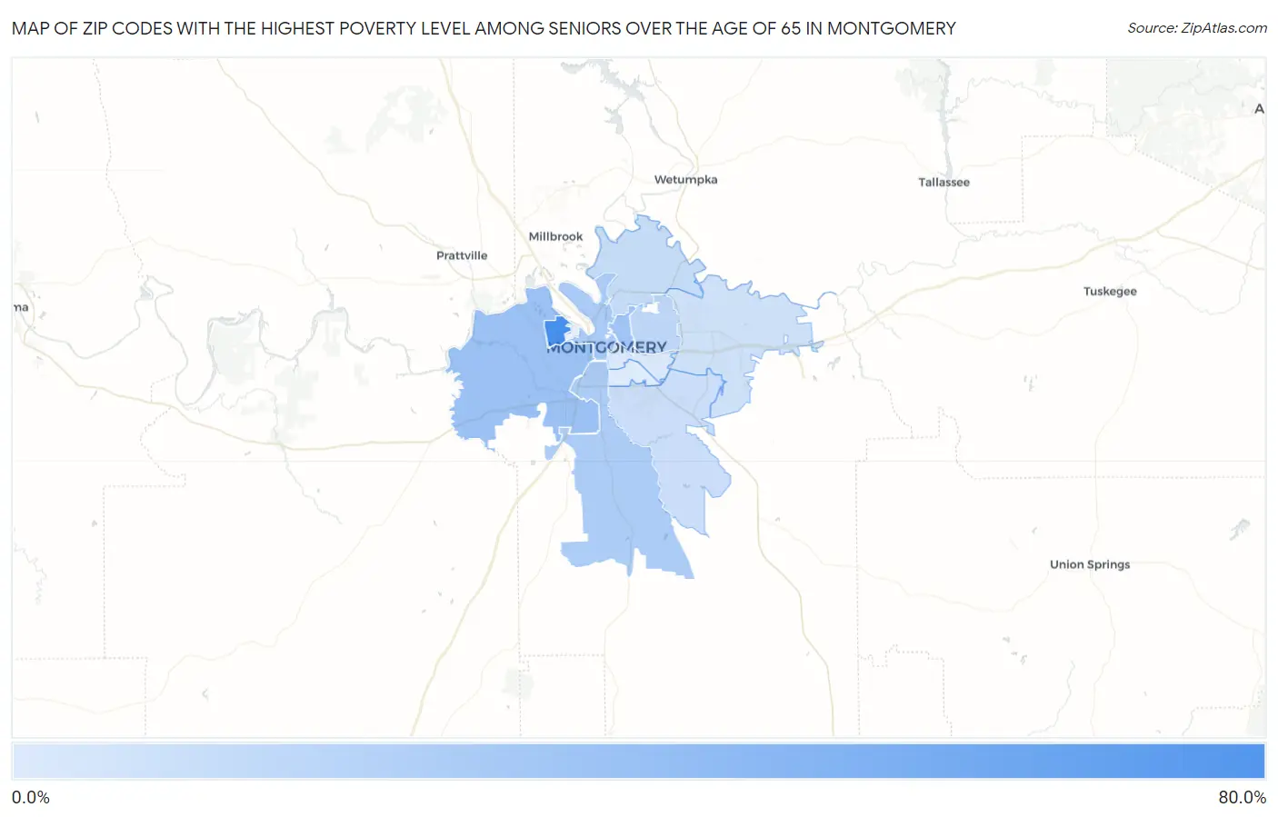 Zip Codes with the Highest Poverty Level Among Seniors Over the Age of 65 in Montgomery Map