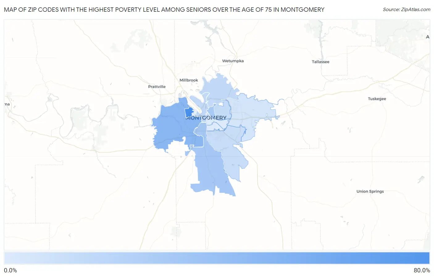 Zip Codes with the Highest Poverty Level Among Seniors Over the Age of 75 in Montgomery Map
