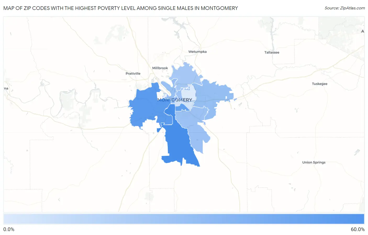 Zip Codes with the Highest Poverty Level Among Single Males in Montgomery Map