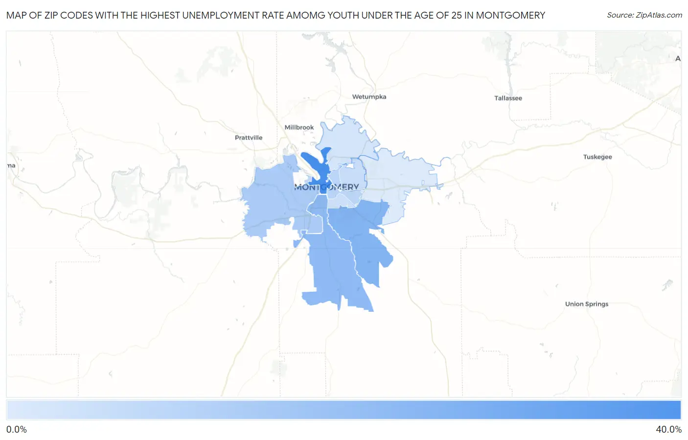 Zip Codes with the Highest Unemployment Rate Amomg Youth Under the Age of 25 in Montgomery Map