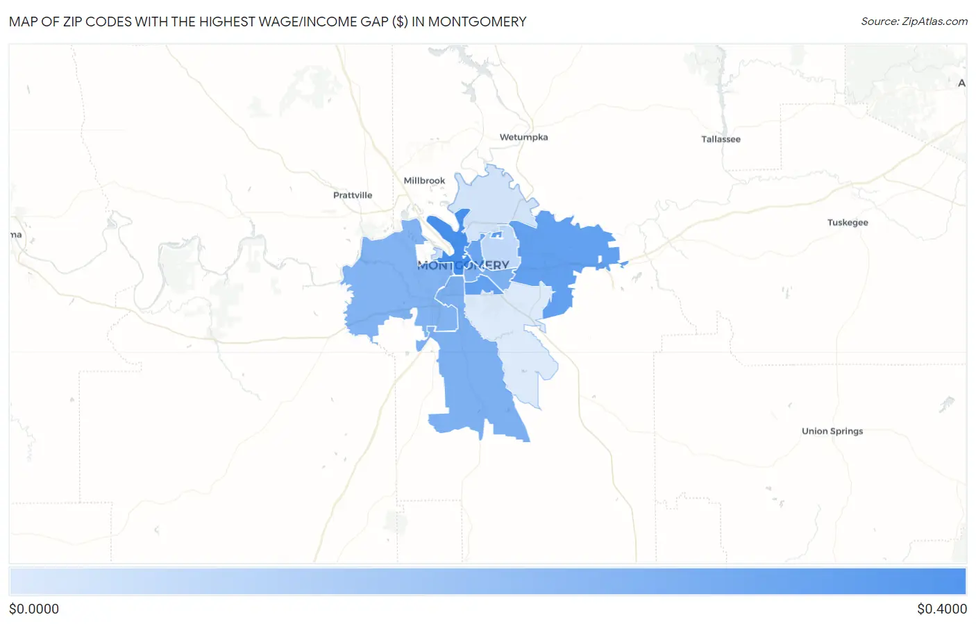 Zip Codes with the Highest Wage/Income Gap ($) in Montgomery Map