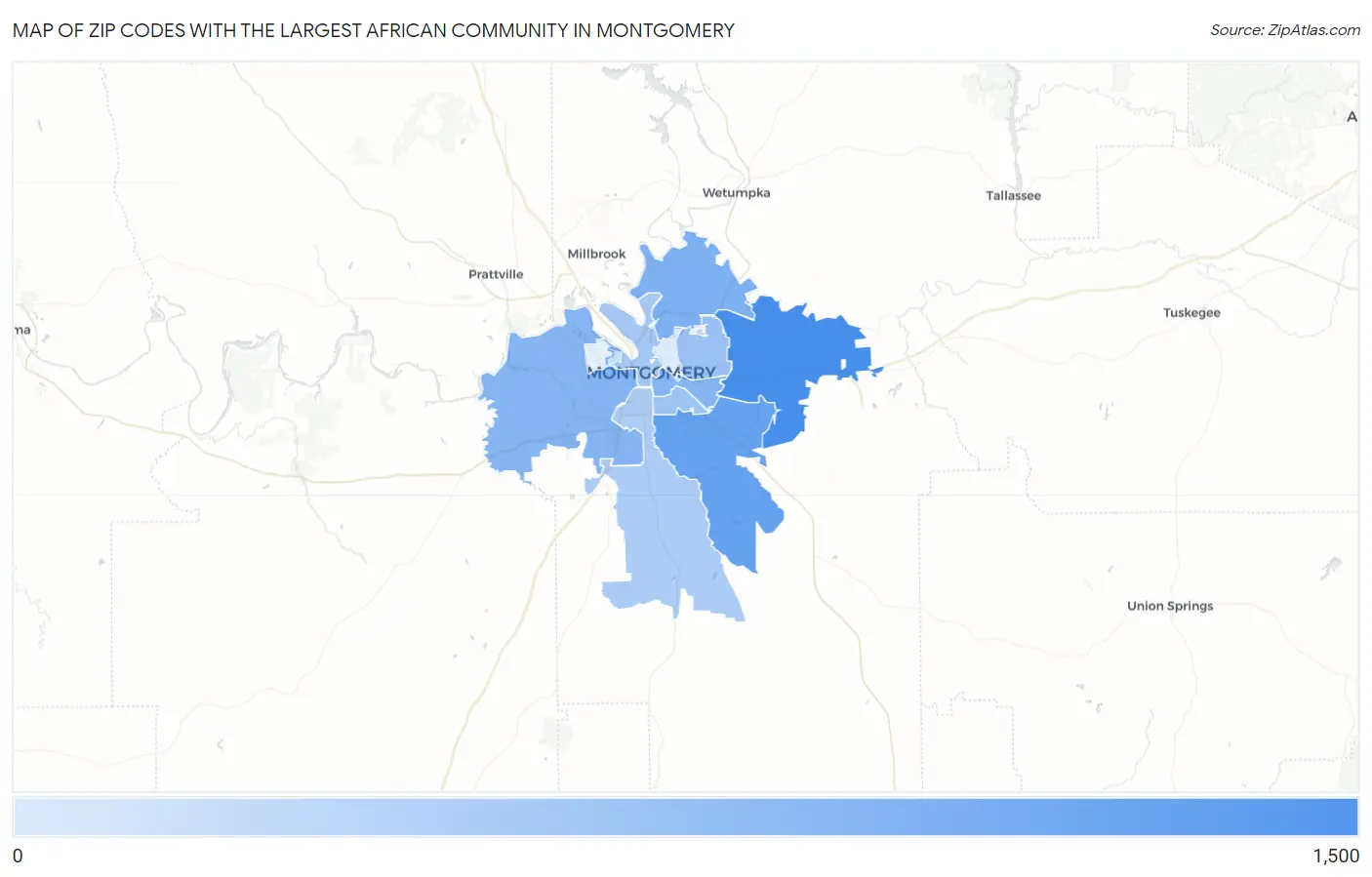 Zip Codes with the Largest African Community in Montgomery Map