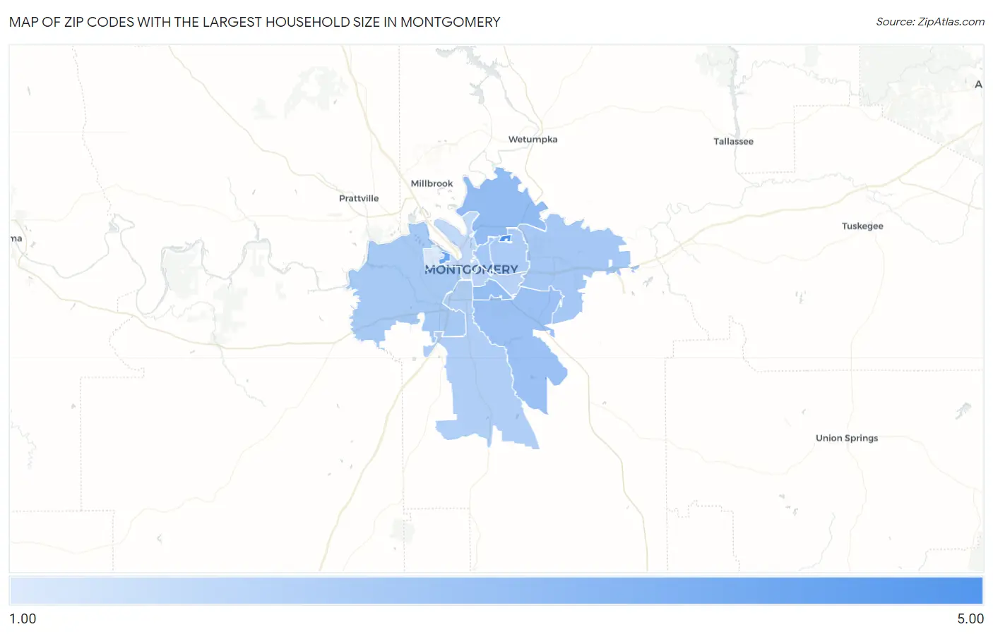 Zip Codes with the Largest Household Size in Montgomery Map
