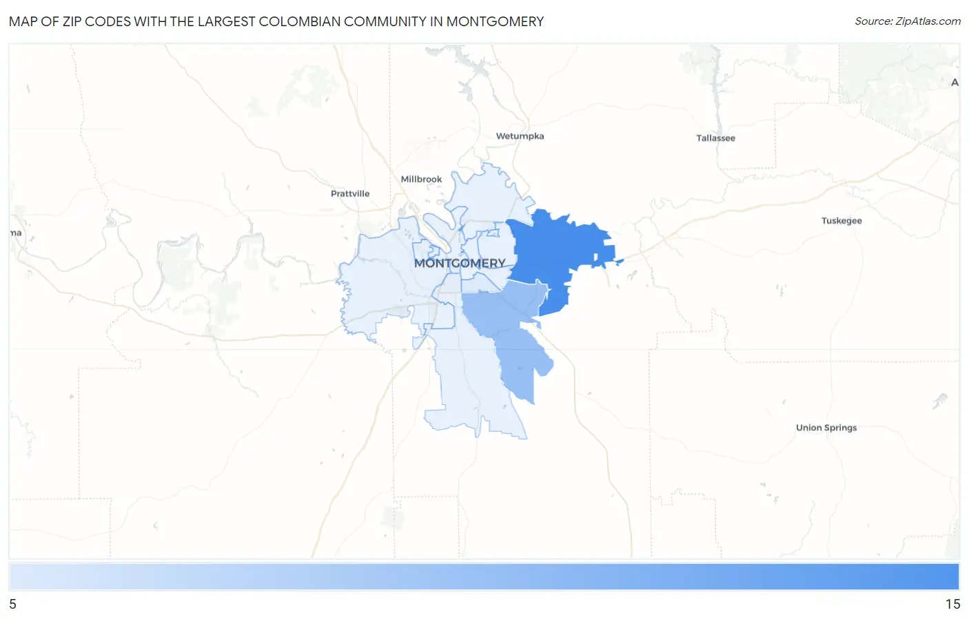 Zip Codes with the Largest Colombian Community in Montgomery Map