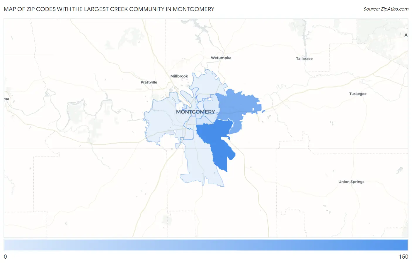 Zip Codes with the Largest Creek Community in Montgomery Map