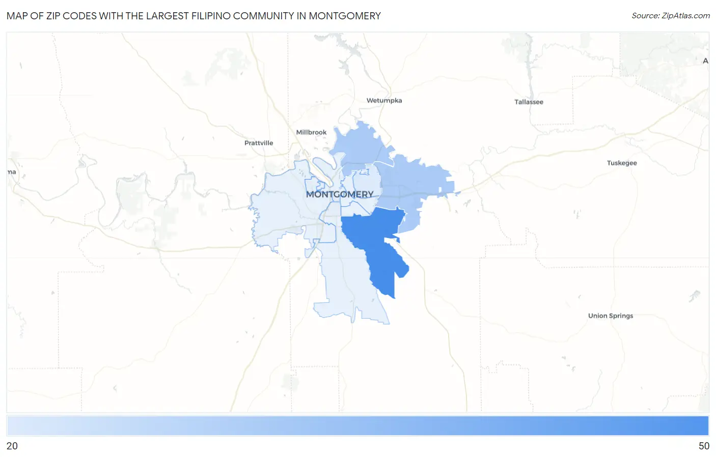 Zip Codes with the Largest Filipino Community in Montgomery Map