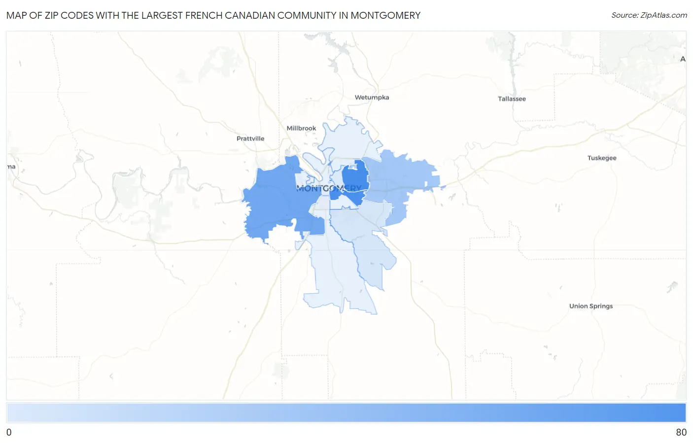 Zip Codes with the Largest French Canadian Community in Montgomery Map
