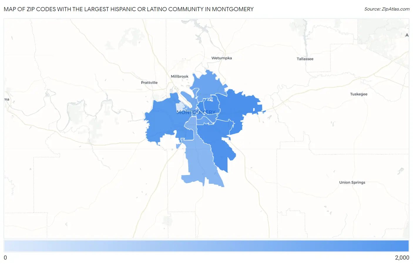 Zip Codes with the Largest Hispanic or Latino Community in Montgomery Map