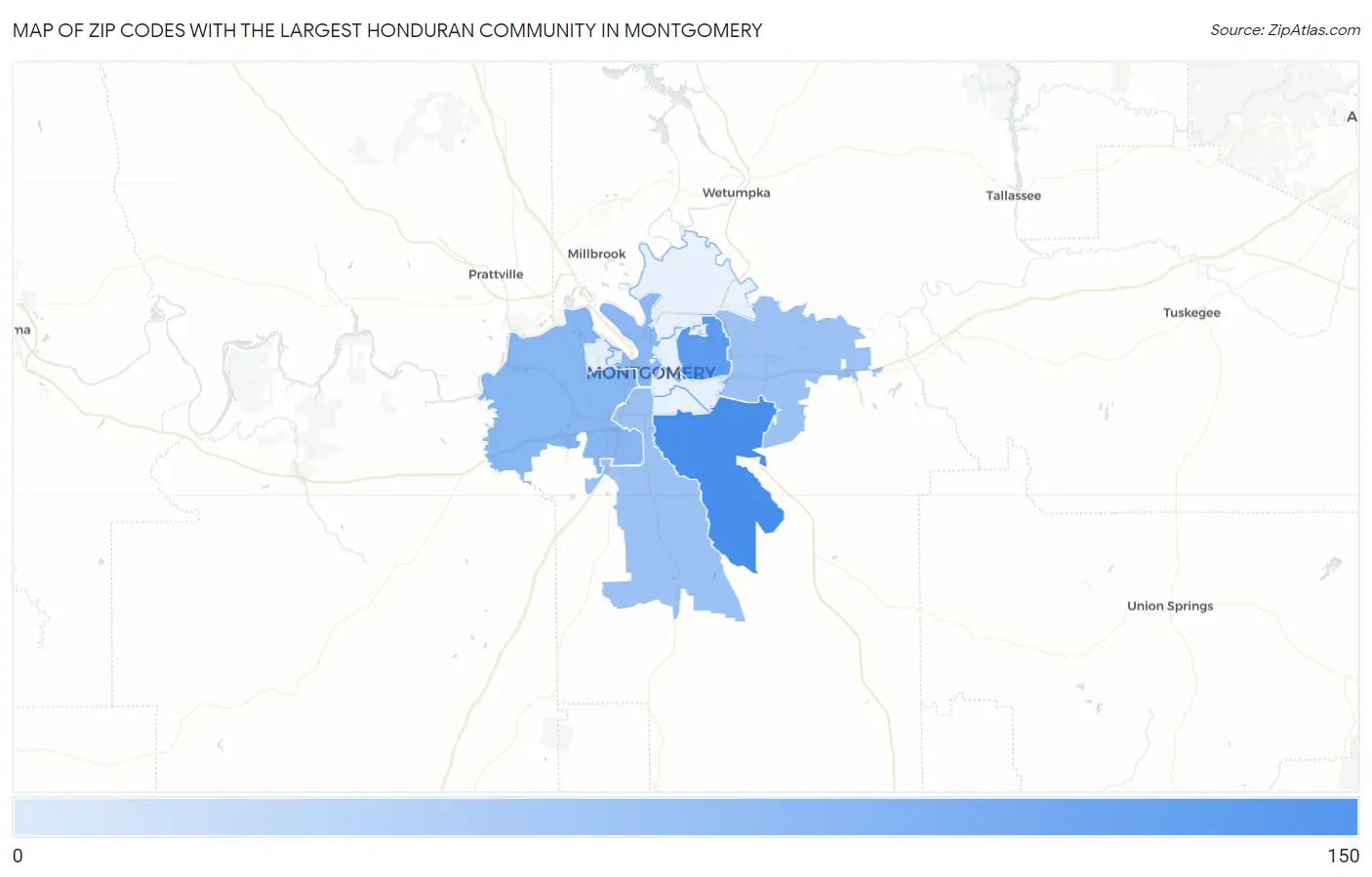 Zip Codes with the Largest Honduran Community in Montgomery Map