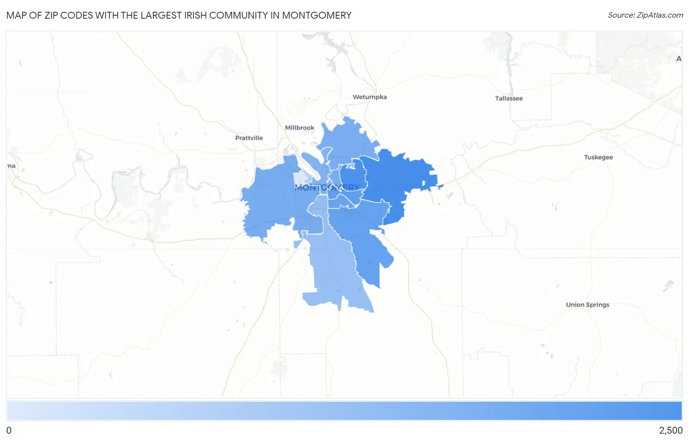 Zip Codes with the Largest Irish Community in Montgomery Map