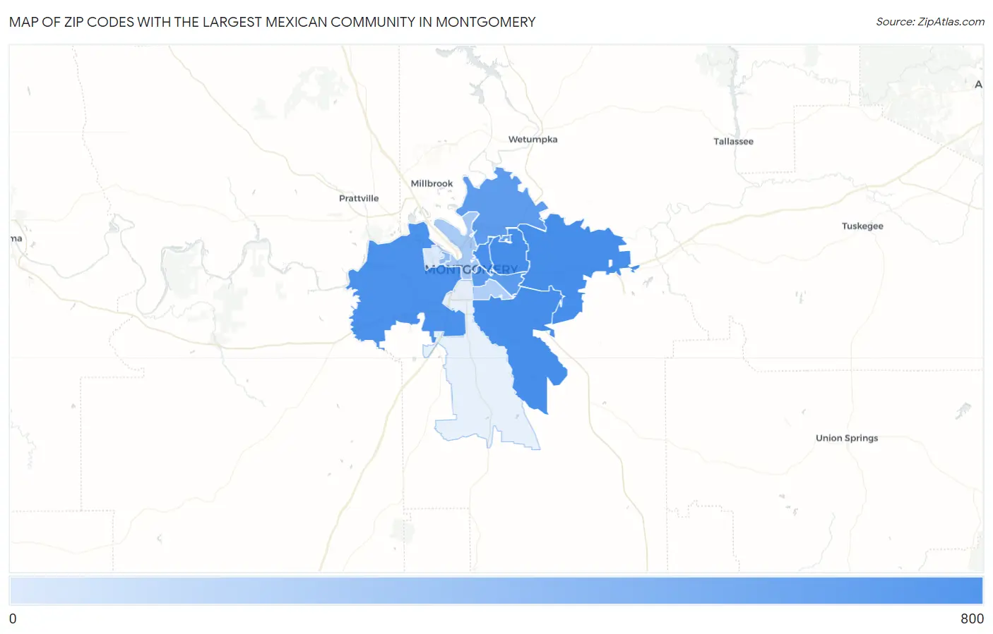 Zip Codes with the Largest Mexican Community in Montgomery Map