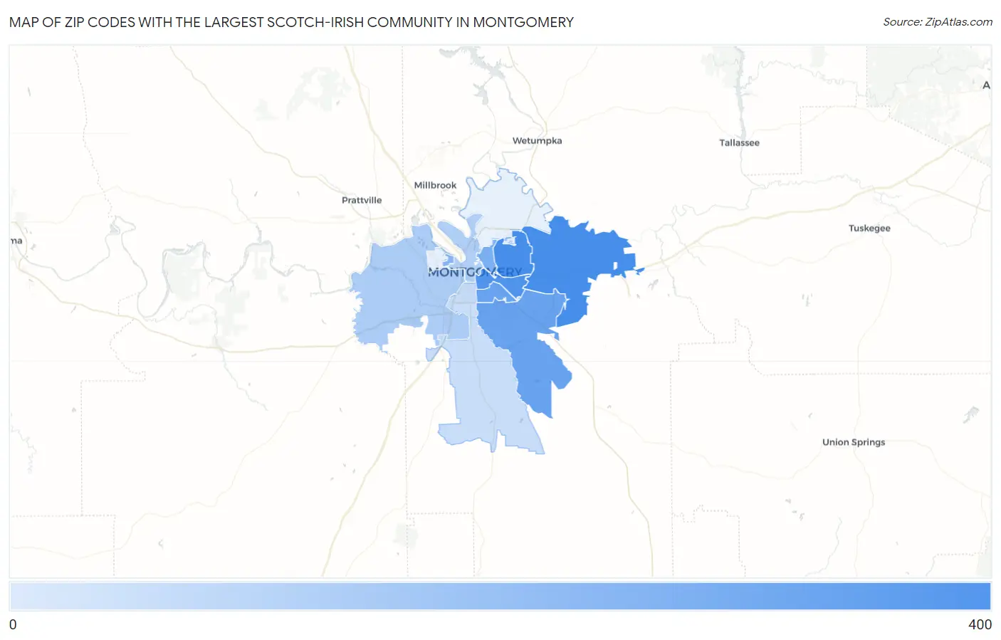 Zip Codes with the Largest Scotch-Irish Community in Montgomery Map
