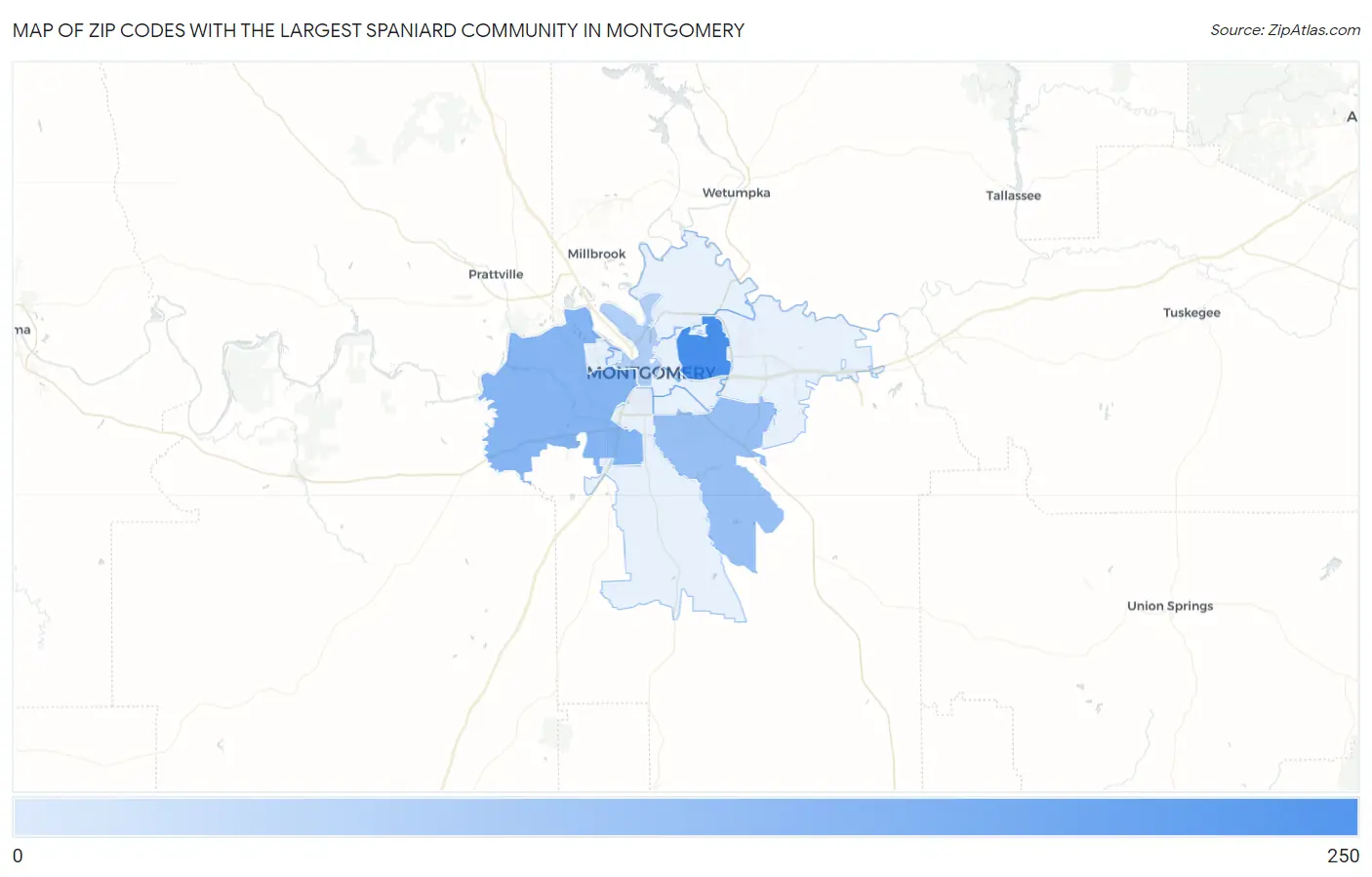 Zip Codes with the Largest Spaniard Community in Montgomery Map