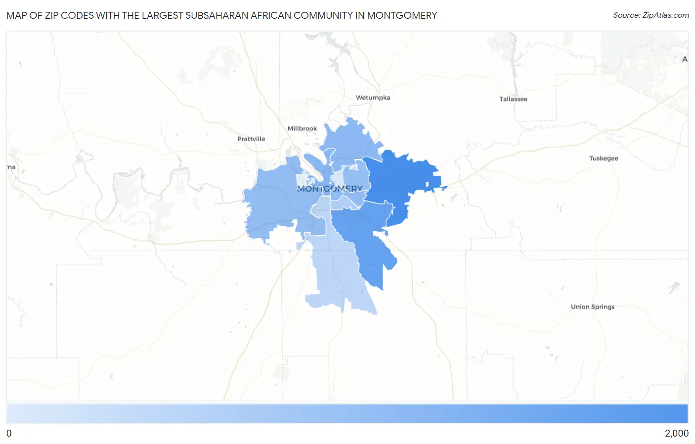 Zip Codes with the Largest Subsaharan African Community in Montgomery Map